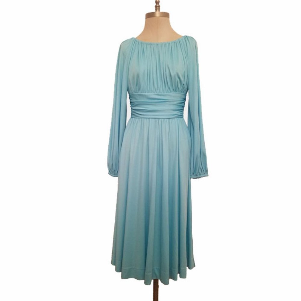 Vtg 70s Qiana Aqua Blue Slinky Draped Dress Small